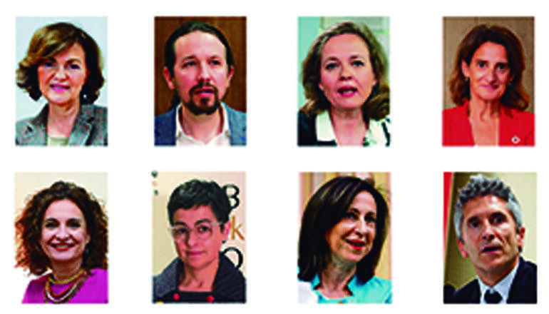 1. Reihe: Carmen Calvo, Pablo Iglesias, Nadia Calviño, Teresa Ribera, María Jesús Montero, Arancha González Laya, Margarita Robles, Fernando Grande-Marlaska, Juan Carlos Campo Moreno, Yolanda Díaz, Pedro Duque; 2. Reihe: Manuel Castells, Irene Montero, Salvador Illa, Alberto Garzón, José Manuel Rodríguez Uribes, José Luis Escrivá Belmonte, Carolina Darias, José Luis Ábalos, Reyes Maroto, Luis Planas, Isabel Celáa Fotos: EFE