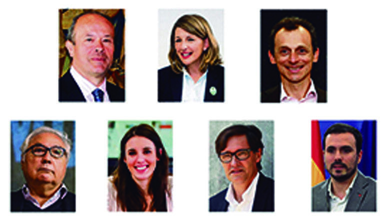 1. Reihe: Carmen Calvo, Pablo Iglesias, Nadia Calviño, Teresa Ribera, María Jesús Montero, Arancha González Laya, Margarita Robles, Fernando Grande-Marlaska, Juan Carlos Campo Moreno, Yolanda Díaz, Pedro Duque; 2. Reihe: Manuel Castells, Irene Montero, Salvador Illa, Alberto Garzón, José Manuel Rodríguez Uribes, José Luis Escrivá Belmonte, Carolina Darias, José Luis Ábalos, Reyes Maroto, Luis Planas, Isabel Celáa Fotos: EFE