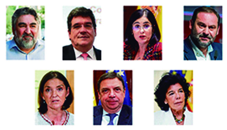 1. Reihe: Carmen Calvo, Pablo Iglesias, Nadia Calviño, Teresa Ribera, María Jesús Montero, Arancha González Laya, Margarita Robles, Fernando Grande-Marlaska, Juan Carlos Campo Moreno, Yolanda Díaz, Pedro Duque; 2. Reihe: Manuel Castells, Irene Montero, Salvador Illa, Alberto Garzón, José Manuel Rodríguez Uribes, José Luis Escrivá Belmonte, Carolina Darias, José Luis Ábalos, Reyes Maroto, Luis Planas, Isabel Celáa Fotos: EFE