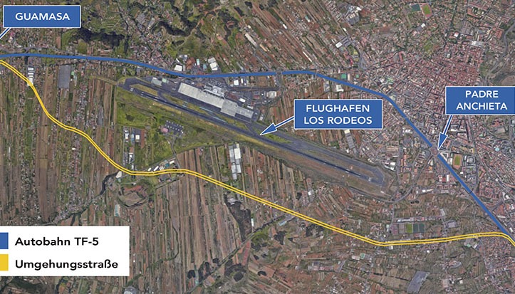 Die Umgehungsstraße beginnt bei Guamasa, verläuft parallel zum Nordflughafen und mündet auf der Höhe der Verbindung zur Via de Ronda wieder in die Nordautobahn TF-5. Grafik: Wochenblatt