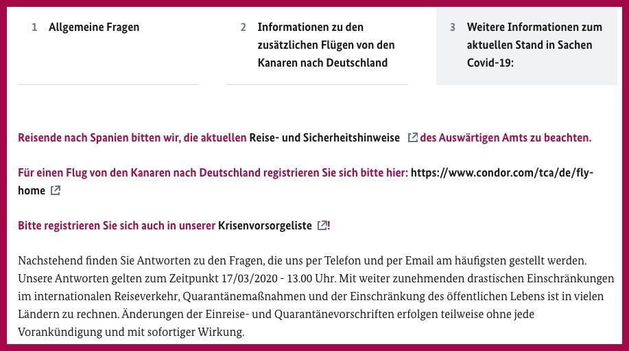 Screenshot der Website spanien.diplo.de mit Infos zur Rückholaktion nach Deutschland