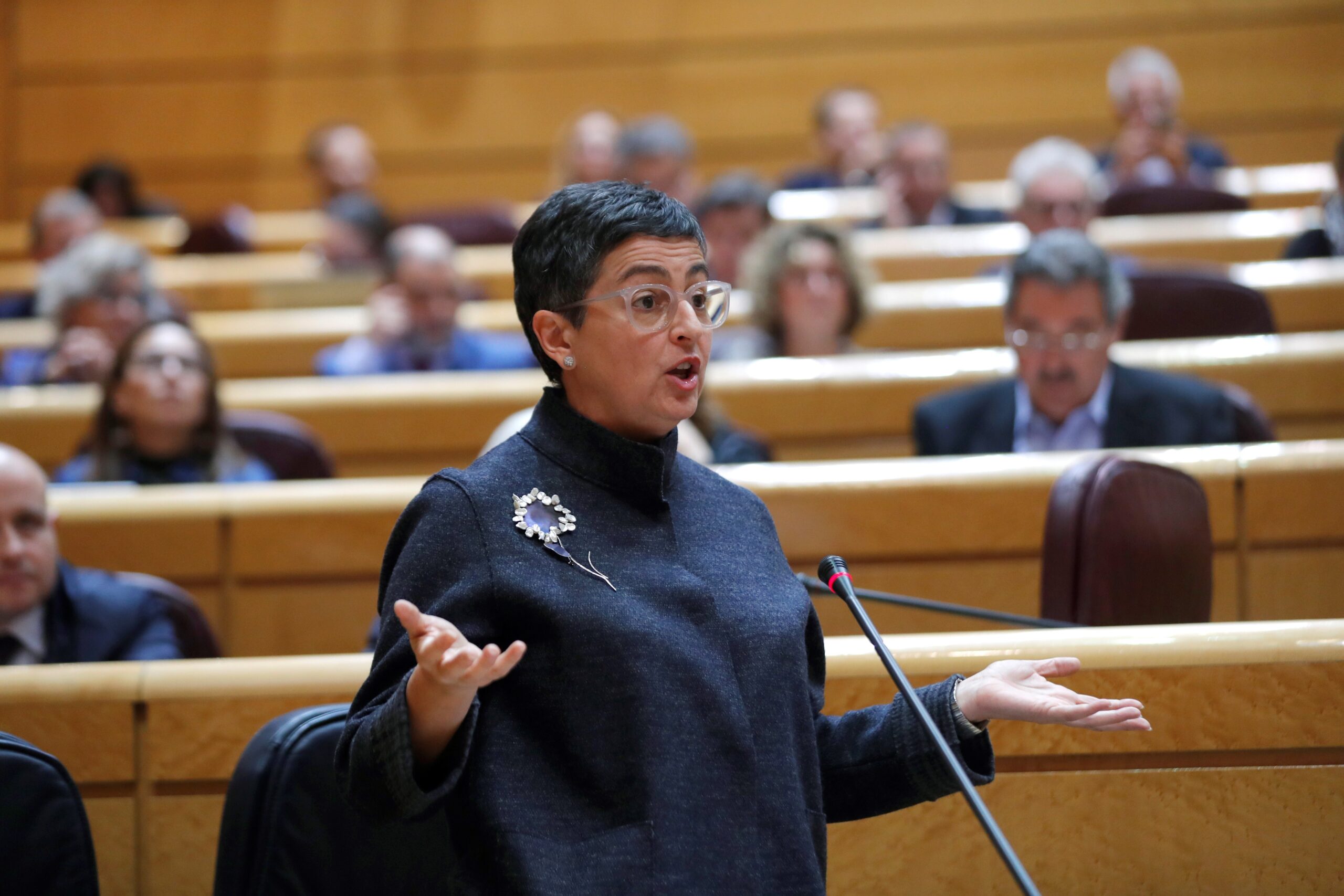 La ministra de Asuntos Exteriores, Arancha González Laya (c), interviene en la sesión de control al Gobierno en el pleno del Senado, este martes en Madrid. EFE/ Emilio Naranjo