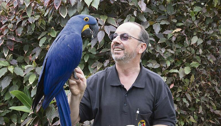 Tierfreund Wolfgang Rades mit einem Hyazinthara. Foto: Loro Parque