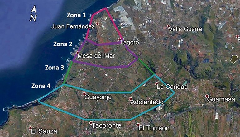 Das Gemeindegebiet Tacoronte: Zone 1 ist das Areal, von dem man weiß, dass dort Termiten aktiv sind. Die anderen drei Zonen werden in verschiedenen Intensitätsgraden ebenfalls auf die Anwesenheit der Insekten überprüft. Rechts im Bild, in Valle Guerra, befindet sich ein Ausbreitungsgebiet, für welches das Ayuntamiento von La Laguna zuständig ist. Foto: Ayuntamiento de Tacoronte