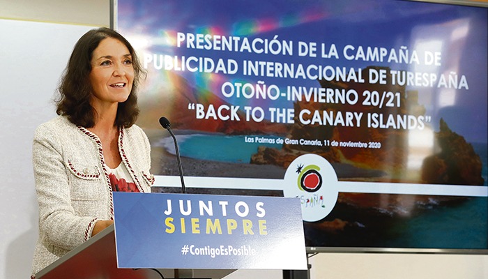 Die Ministerin für Tourismus, María Reyes Maroto, bei der Präsentation der Kampagne „Back to the Canary Islands“ in Las Palmas de Gran Canaria Foto: EFE