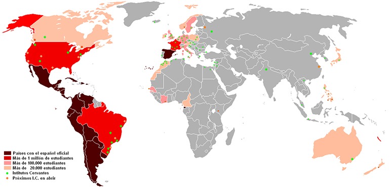 Länder, in denen Spanisch Amtssprache ist (dunkelbraun) bzw. in denen über eine Million (rot), über 100.000 (rosa) oder über 20.000 (altrosa) Menschen Spanisch sprechen, sind über den gesamten Globus verteilt. Foto: MIGANG2G