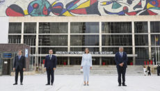 Außenminister Albares, die Ministerin für Tourismus Reyes Maroto und der Generalsekretär der UNWTO Pololikashvili (v.l.n.r.) vor dem neuen Hauptsitz der UNWTO Foto: EFE