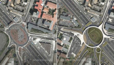 Links der Kreisverkehr heute, rechts mit dem über den Fahrbahnen schwebenden Fußgängerring Foto: fhecor ingeniors consultores