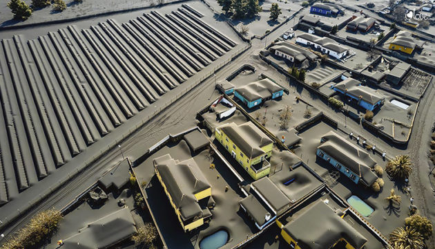 Die Luftaufnahme zeigt die Fotovoltaikanlage in Las Manchas, El Paso, und die umliegenden Häuser, überzogen mit Asche. FOTO: I LOVE THE WORLD